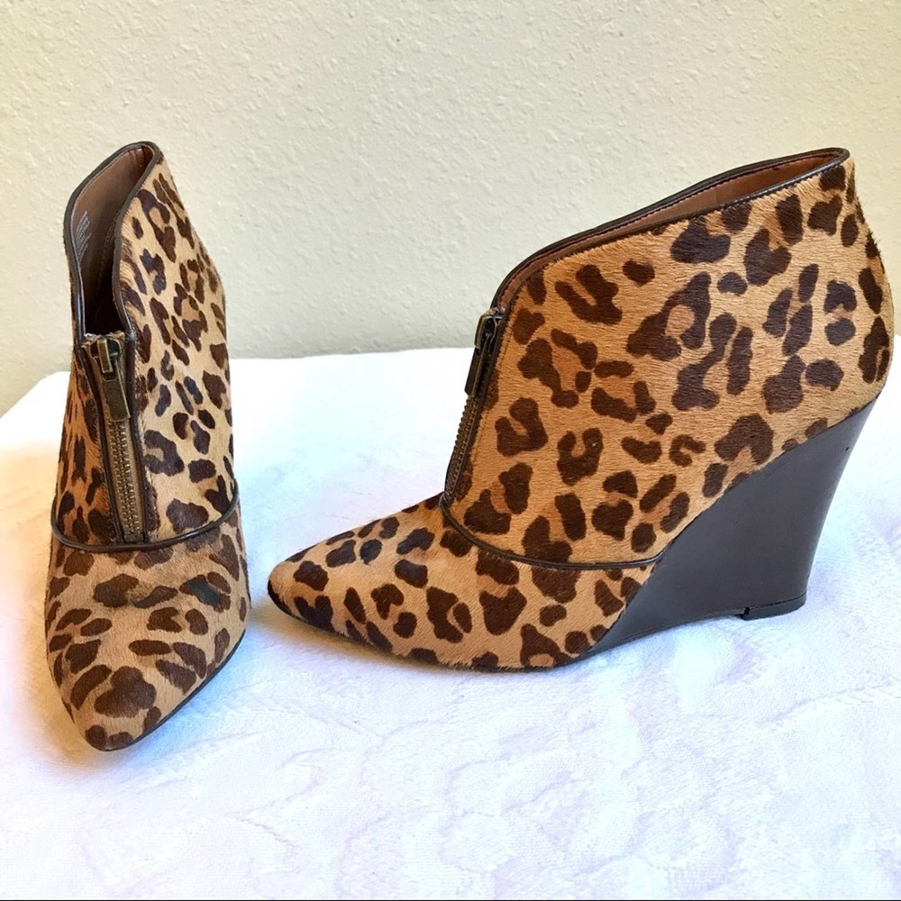Hive & Honey Leopard Print Cow Hair Leather Wedge Heel Ankle Bootie w/ Zip 8